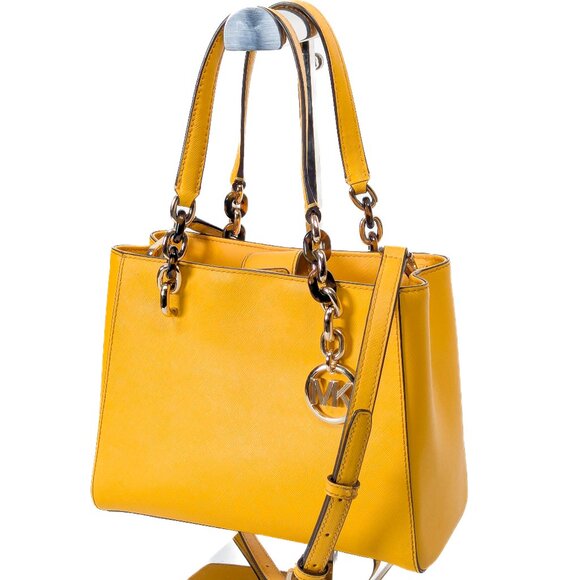 MK MICHAEL KORS Saffiano Leather Satchel Shoulder Strap Bag Yellow - Picture 15 of 16